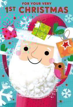 A Christmas card that says "for your very 1st Christmas."