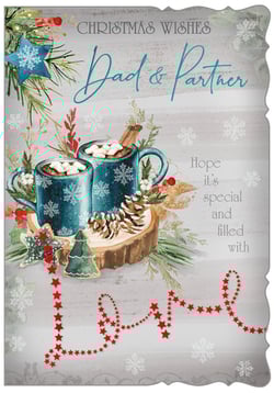 A Christmas card for dad and partner with two cups of hot chocolate.