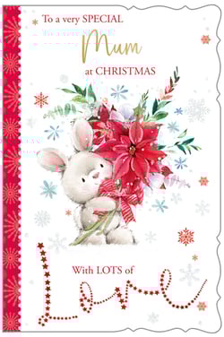 A Christmas card that says "To a very special mum at Christmas, with lots of love."