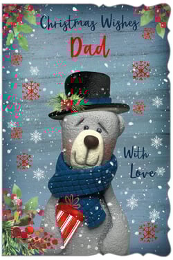 A Christmas card for Dad with a teddy bear wearing a top hat and scarf.