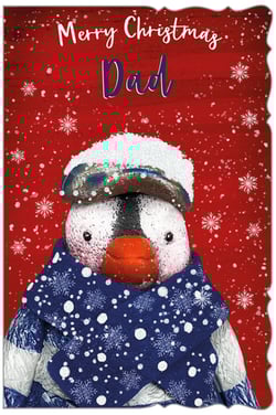 A Merry Christmas card with a penguin wearing a hat and scarf.