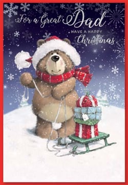 A teddy bear wearing a Santa hat and scarf is pulling a sled with gifts on it.