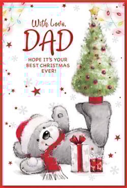 A Christmas card for a dad with a teddy bear wearing a Santa hat and scarf, holding a Christmas tree.