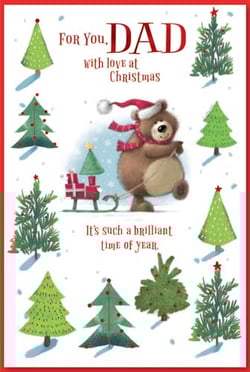 A Christmas card for a dad with a teddy bear pulling a sled.