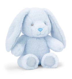 A light blue stuffed bunny with a blue nose.