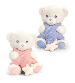 A white teddy bear and a blue teddy bear are sitting next to each other.