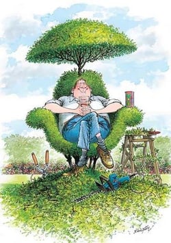 A cartoon shows a man sitting in a chair that is made to look like a tree.