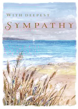 A painting of a beach with the words "with deepest sympathy."