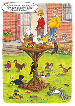 A cartoon shows a man and a woman standing in front of a bird feeder.