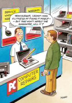 A cartoon of a man talking to a computer repair worker.