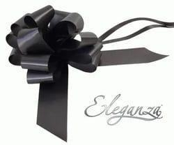 A black bow with a silver ribbon is on a white background.