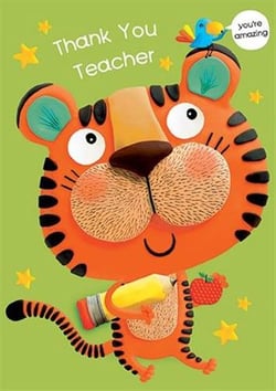 a thank you teacher card with a tiger holding a pencil .