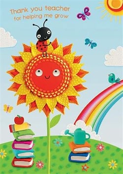 A ladybug is sitting on top of a sunflower, surrounded by books and a rainbow.