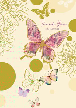 A thank-you card with butterflies and flowers on it.