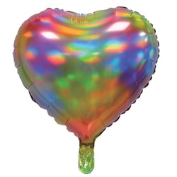 A rainbow heart-shaped balloon with a green handle.