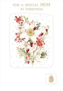 A Christmas card for a special mum with flowers and berries on a white background.