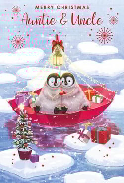 Two penguins are sitting in a boat on a Christmas card for Auntie and Uncle.
