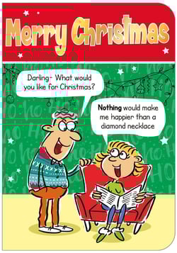 A Merry Christmas card with a cartoon of a man and woman.