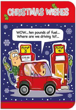 A Christmas wishes card shows a man pumping gas into a car.