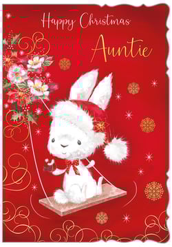 A Christmas card with a white bunny wearing a Santa hat.