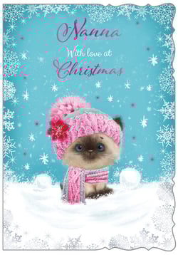 A Christmas card with a kitten wearing a pink hat and scarf.