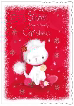 A Christmas card that says "Sister, have a lovely Christmas."
