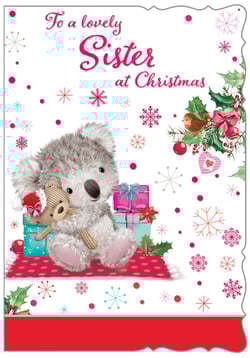 A Christmas card that says "To a lovely sister at Christmas."