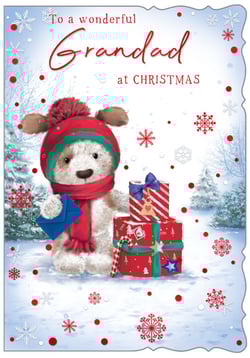 A Christmas card that says "To a wonderful grandad at Christmas."