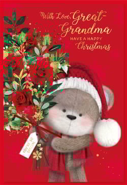A Christmas card with a teddy bear wearing a Santa hat.