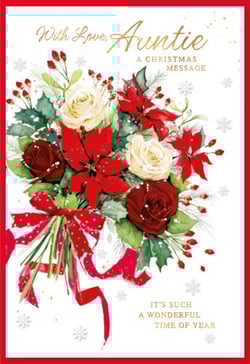 a christmas card for an auntie with a bouquet of red and white flowers