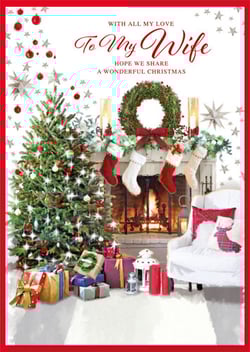 A Christmas card that says, "To my wife, I hope we share a wonderful Christmas."