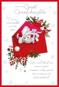 A Christmas card for a great granddaughter with a teddy bear in an envelope.