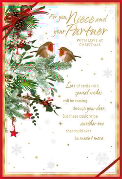 A Christmas card that says "for your niece and your partner" with love at Christmas.