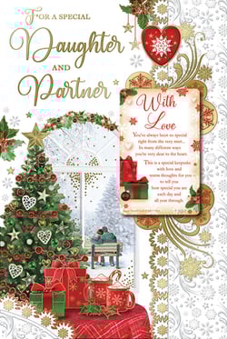 A Christmas card for a special daughter and partner.
(Note: The original sentence is already grammatically correct.)