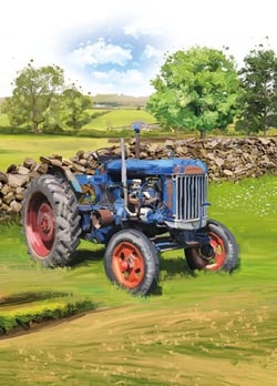 A painting of an old blue Ford tractor in a field.