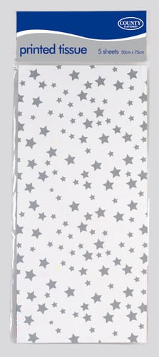 A package of tissue printed with silver stars on it.