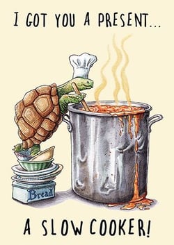 A turtle in a chef's hat sticks its head out of a pot of soup.