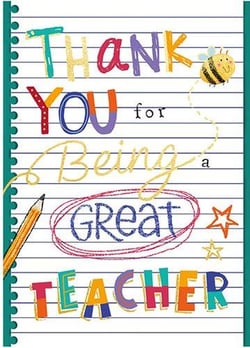 A thank you card, with a pencil and a bee, for being a great teacher.