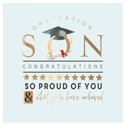 A graduation card for a son with a graduation cap and diploma.