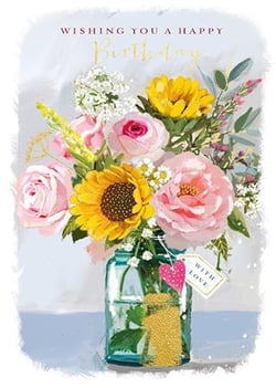 A birthday card with a vase filled with flowers and a tag that says "wishing you a happy birthday."