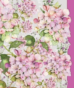 A painting of pink flowers and green leaves on a gray background.