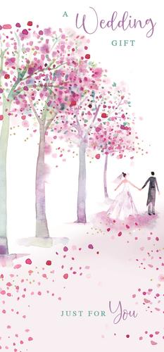 A wedding gift just for you card, with a bride and groom holding hands under pink trees.