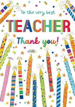 A thank-you card with colorful pencils and stars for a teacher.