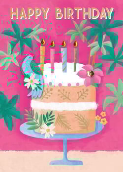 A birthday card with a cake and candles that says "happy birthday."