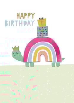 A birthday card with a happy turtle on a rainbow.
