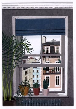 A painting of a window with potted plants in front of it is needed.