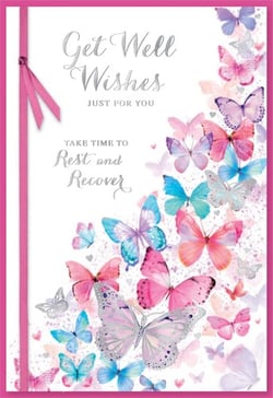 A get well wishes card with pink and blue butterflies. [Correct as-is]
