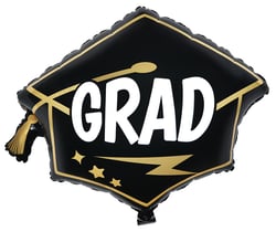 A black graduation cap-shaped balloon with the word "grad" on it.