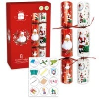 a box of christmas crackers with santa claus on them and stickers .