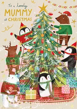 a christmas card with animals decorating a christmas tree .